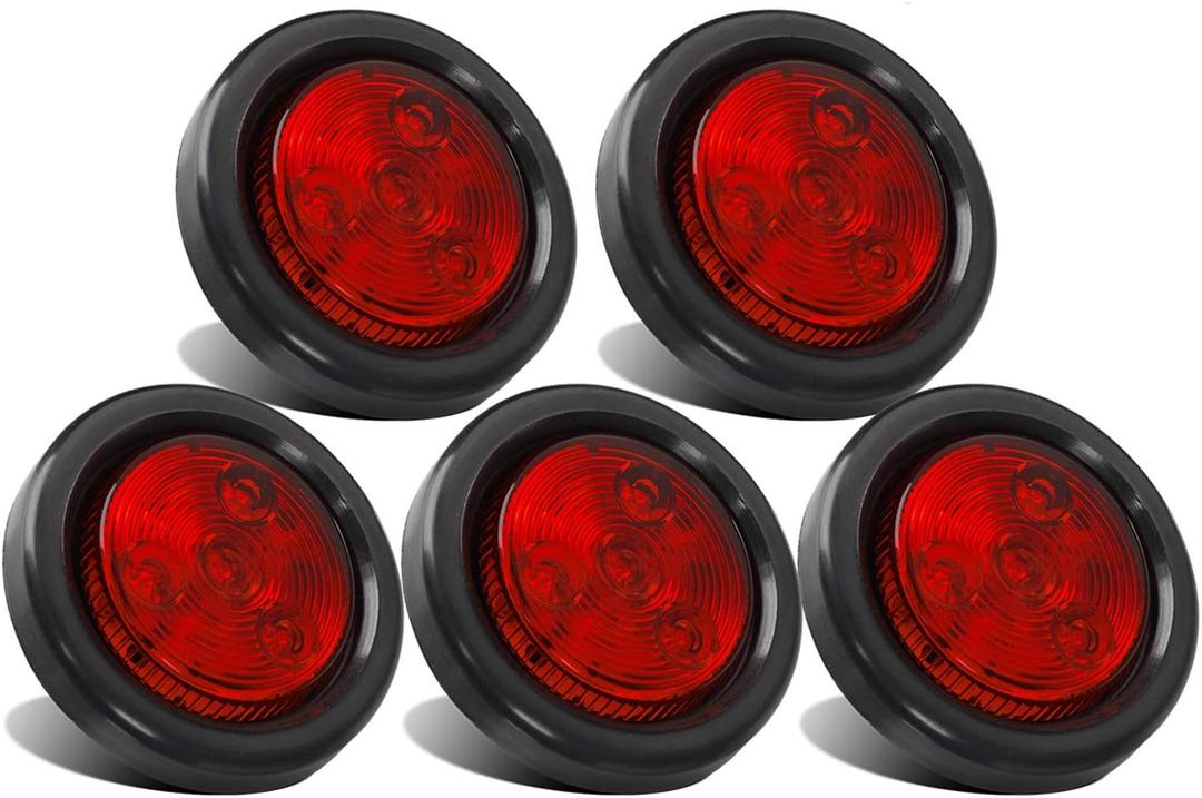 Partsam 5pcs 2 inch Red 4 LED Round Sealed Trailer Clearance Marker Light [DOT Approved] Mount Grommet/Pigtails Hardwired