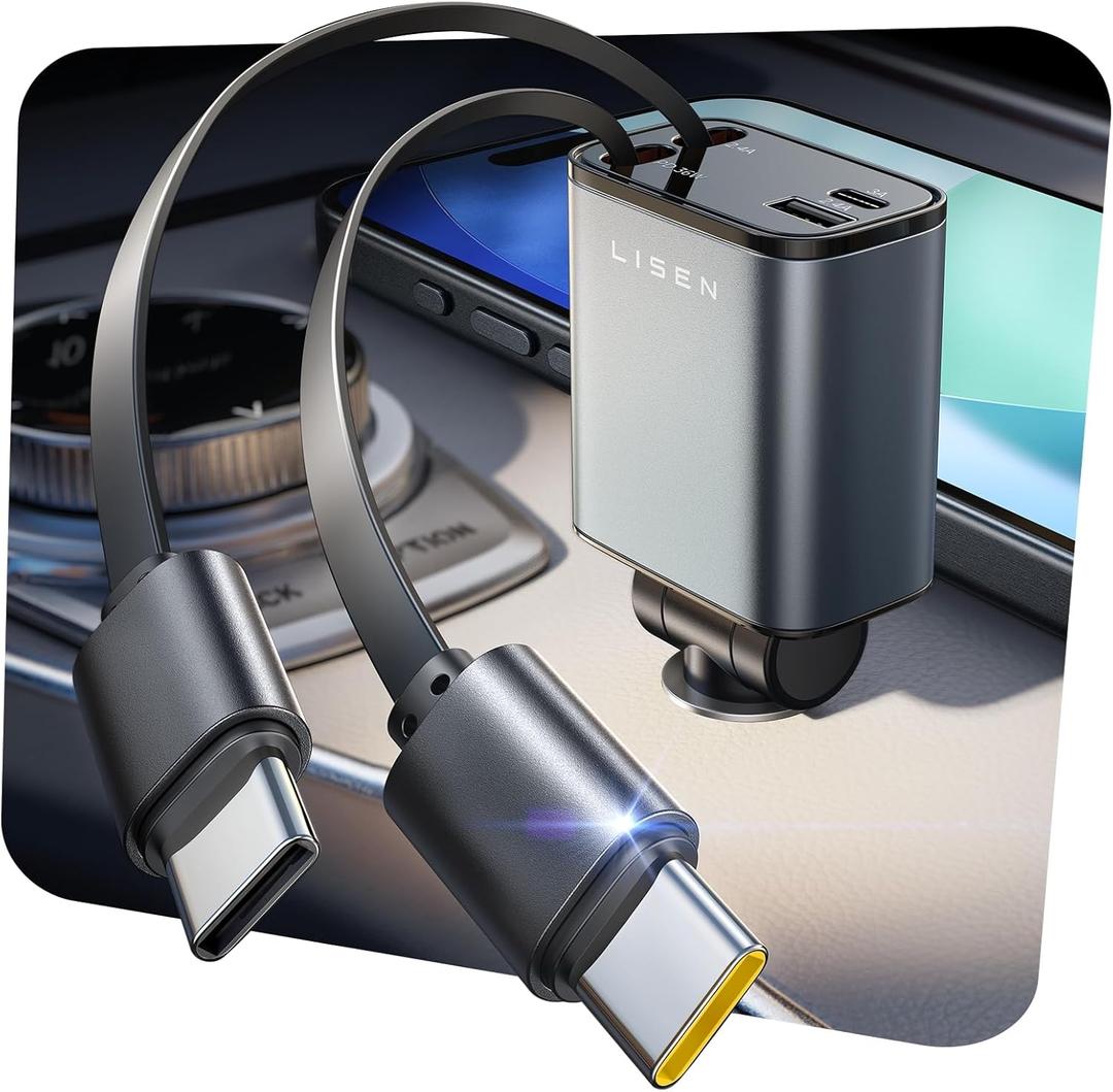 LISEN Retractable Car Charger USB C for iPhone 17, 69W Dual Type C Car Charger USBC Cargador para Carro for iPhone 17 Pro Max Air, Retractable Charger for Car fit iPhone 16 15 Pro Max Air, Black