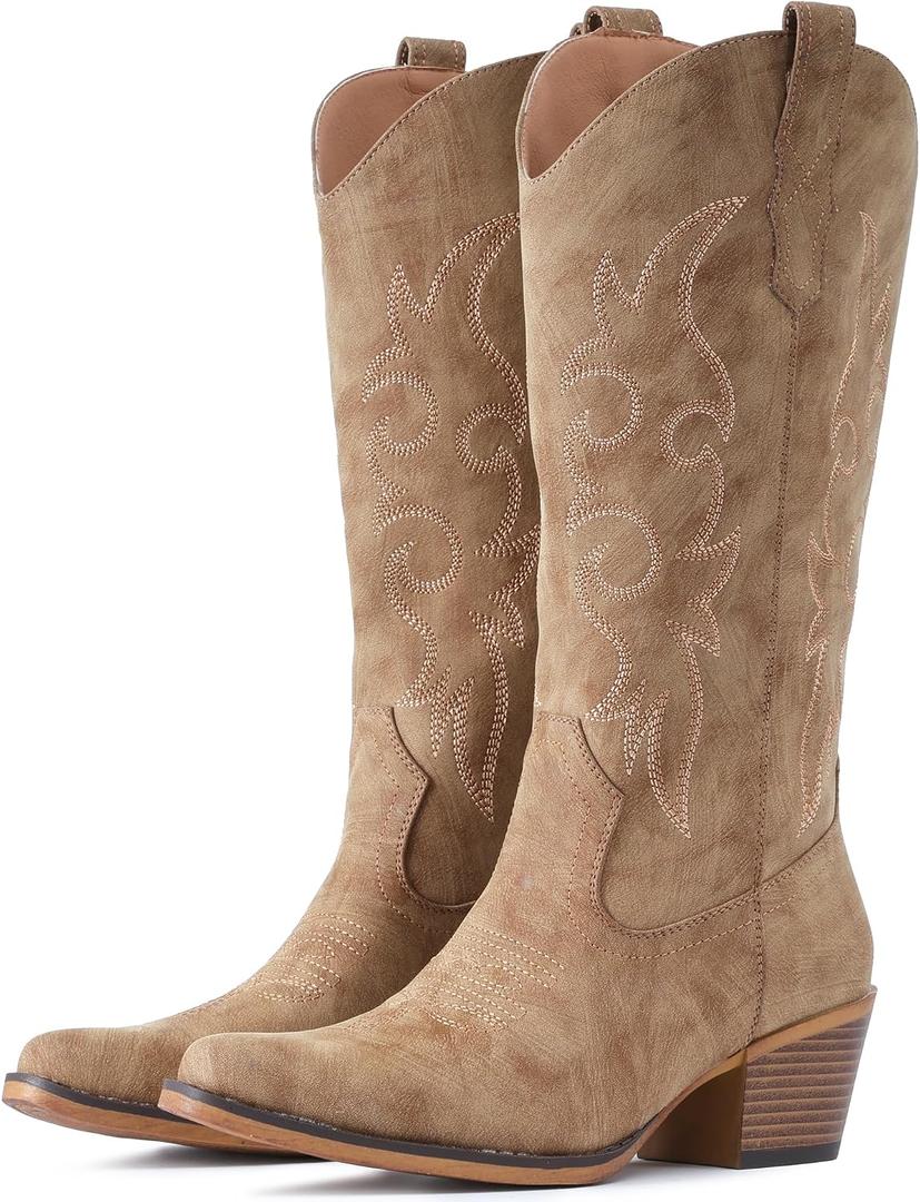 IUV Cowboy Boots For Women Western Cowgirl Boots Mid Calf Snip Toe Boot With Chunky Heel, 7.5, Camel