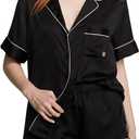 Victoria's Secret Satin Pajama Set, Short Sleeve Button Down Shirt & Shorts, Sleepwear for Women (Medium, Black)