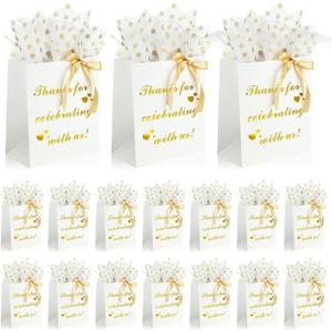 50 Pcs Wedding Gift Bags Bridal Welcome Bags with Ribbons Tissue Paper Wedding Favor Gold Foil Bags Thank You Gift Bags with Handles for Guest Birthday Party Baby Shower, 8 x 4.5 x 10 Inch (White)