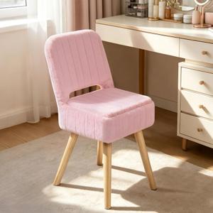 Vanity Stool with Storage & Folding Backrest,Faux Rabbit Fur Small Makeup Chair with 4 Solid Wood Legs,11.4" D x 14.9" W x 28.7" H,Soft Ottoman for Living Room,Bedroom,Closet,Pink