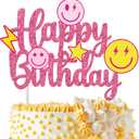 Smile Face Party Cake Topper - Preppy Birthday Decoration - Rose Red Smile Face Happy Birthday Cake Pick - Girls Themed Bachelorette Party Supplies