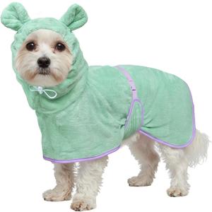Dog Bathrobe Super Absorbent Towel Robe - Microfiber Bath Towels Fast Drying Coat for Dogs, Cute Dogs Clothes Adjustable Collar & Belly Strap Warm Keeping Hooded Dog Towel (Light Green, Medium)