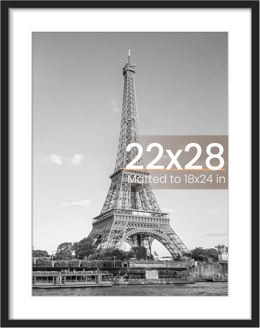 Upsimples 22x28 Poster Frame, Display Pictures 18x24 with Mat or 22 x 28 Without, Wall Hanging Picture Frames, Black, 1 Pack