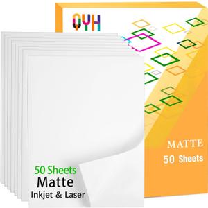 QYH Printable Vinyl Sticker Paper for Inkjet & Laser Printer - Matte White Waterproof, Compatible with Cricut, Silhouette, 50 Sheets, Ideal for Small Business & DIY Crafters (Labels/Decor) - 8.5"x11"