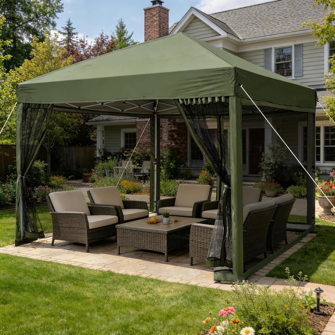 10x10 Pop Up Canopy with Mosquito Netting, Army Green | Ez Up, Portable, Waterproof, UV Protection. Steel Frame. Ideal For Camping, Parties, Patio, Backyard & Outdoor Events.