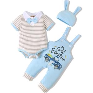 Baby Boys Easter Outfit Easter Clothes Bodysuit+ Suspender Pant+ Hat (3-6 Months, Blue) 68