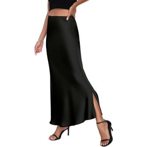 PEIQI 2025 Women's Satin High Waisted Maxi Skirts Summer Fall Silk Cocktail Party Flared Casual A Line Skirt Black Medium