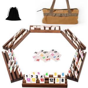 Jyquorp Rummy Cube 6 Player Edition with 6 Wooden Racks Trays 160 Numbers Rummy Tiles Set with Zippered Case Rummy Travel Game Set Classic Board Games for Family Adults Party (Burnt Color)
