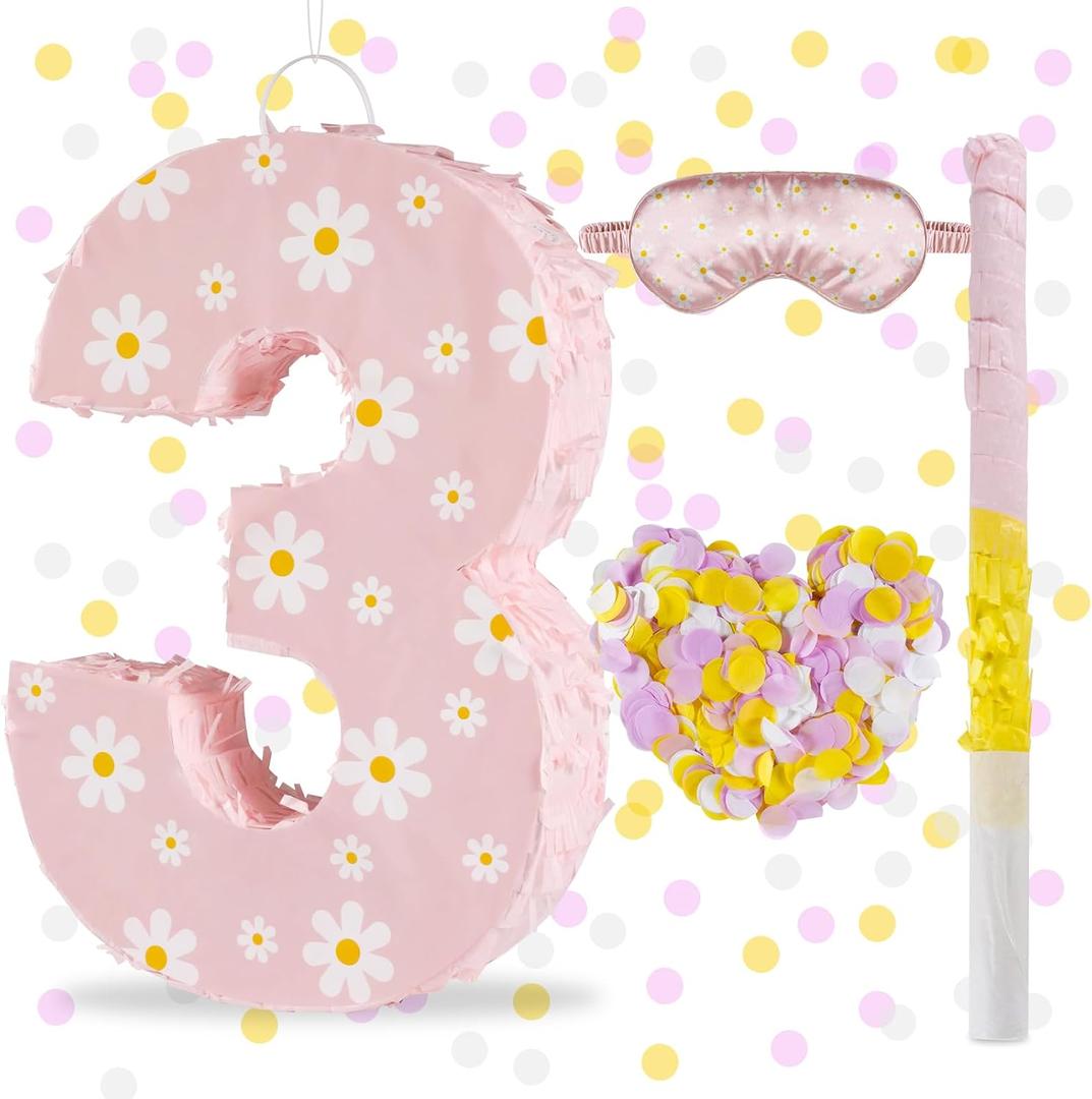 Daisy Birthday Decorations, Daisy Number 3 Piata with Blindfold Stick Blindfold Confetti for Pink Flower Boho 3rd Birthday Party Supplies (Daisy 3)