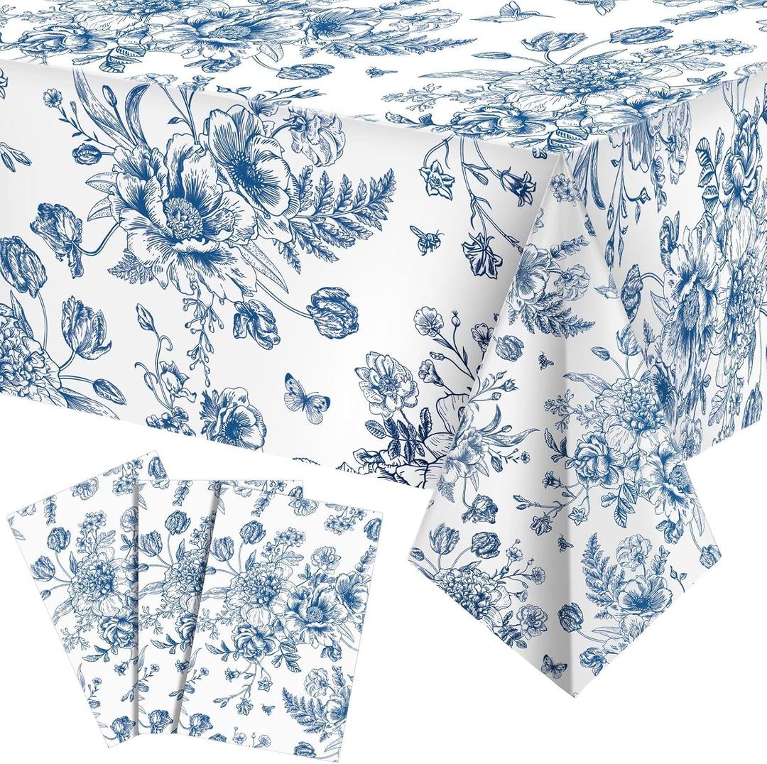 Tiamon 3 Pcs Blue Floral Plastic Tablecloth 54 x 108 Inch Vintage Rectangle Table Cover Disposable Blue Flower Tablecloth Navy and White Table Decor for Spring Wedding Shower Tea Birthday Party