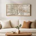 Framed Vintage Tree of Life Wall Art, Neutral Rustic Farmhouse Tree Canvas Painting Print Artwork for Walls, Gray White Beige Modern Abstract Forest Picture for Living Room Bedroom Office Wall Decor