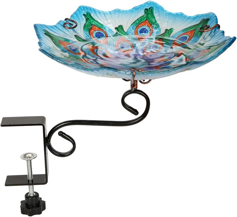 Deck Mounted Bird Bath for Outside, Glass Birdbath Bowl & Birdfeeder with Adjustable Sturdy Metal Clamp for Railing Balcony, 10.5" Dia, Peacock Feather