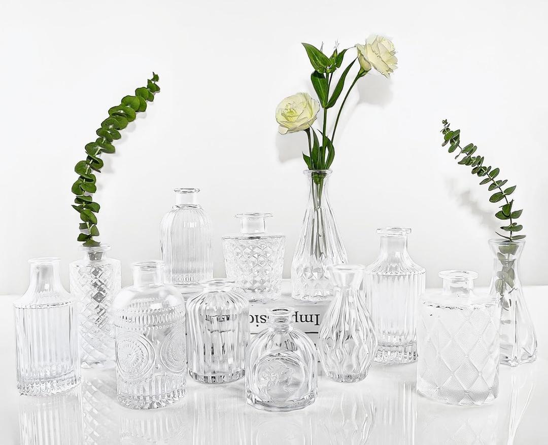 Glass Bud Vases Set of 12, Small Vases for Centerpieces, Vintage Mini Vases for Wedding Decor, Clear Glass Bud Vase in Bulk, Office and Home Table Flower Dcor