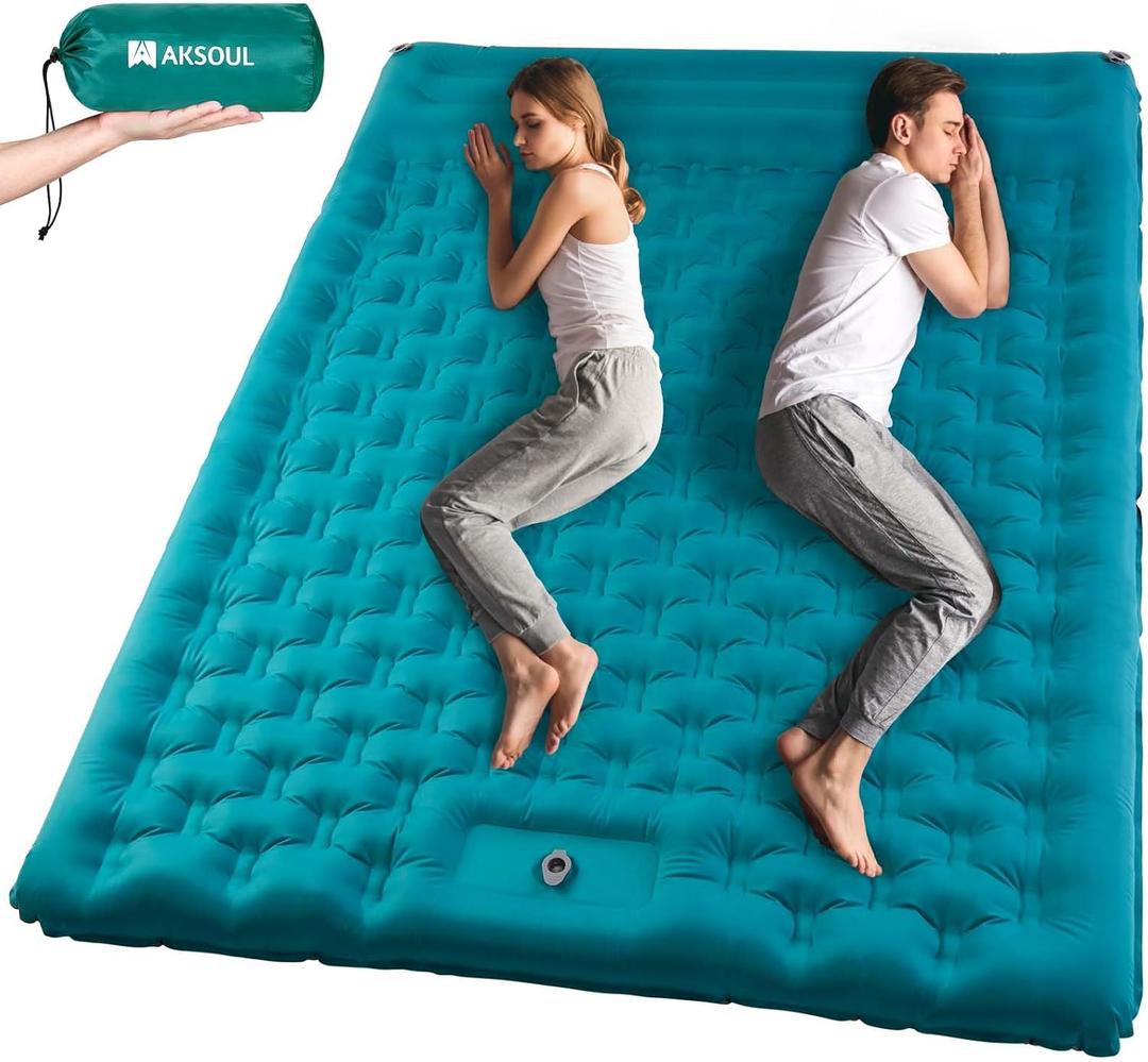 AKSOUL Sleeping Pad Camping Inflatable: Extra Thickness Double Persons Self Inflating Mat with Built-in Foot Pump, Lightweight Ultra-Wide Air Mattress with Pillow for Camping, Backpacking (Double Peacock Blue)