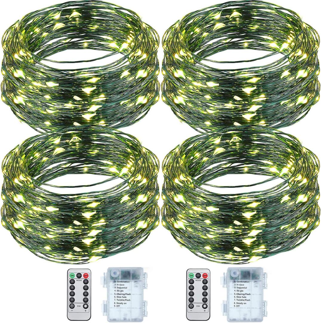 Fairy String Lights Battery Operated Green Wire LED Waterproof String Lights with Remote 8 Modes for Winter Tree Patio Garden Backyard Home Indoor Outdoor(33ft,Warm White,4 Pack)