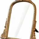 HSDDHOME Vintage Gold Vanity Makeup Desk Mirror - Antique Chic Arch Table Mirror with Carved Resin Frame, Small Standing Arendahl Mirror for Living Room, Bedroom, Tabletop (13.2" x 12.8")