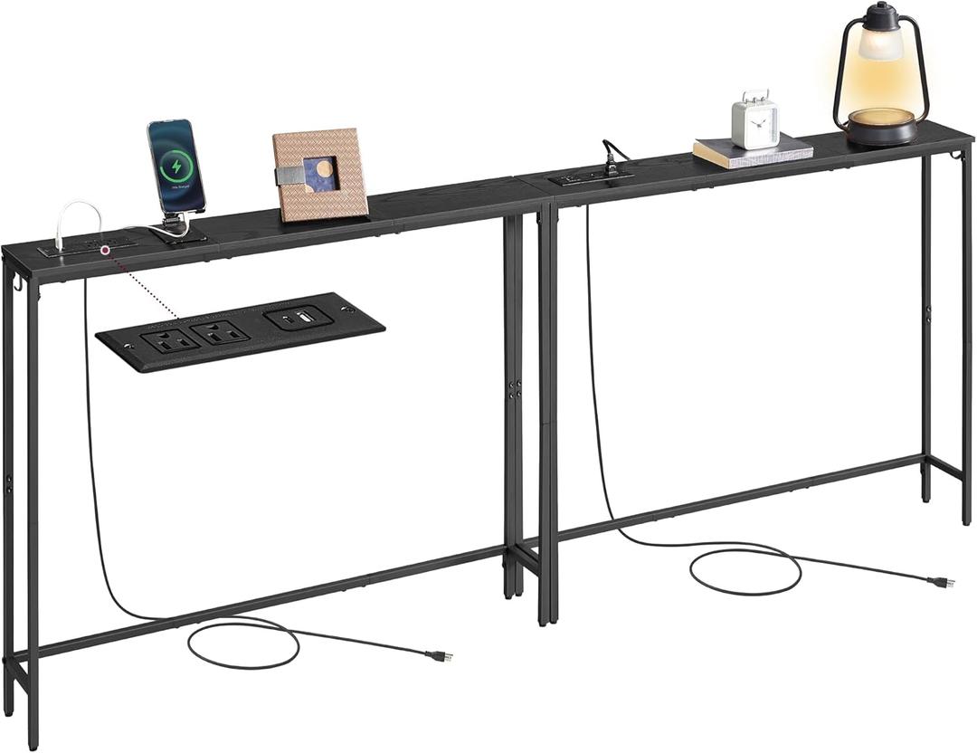 VASAGLE Set of 2 Console Tables with Power Outlets, Slim Behind Couch Sofa Tables, 5.9 x 39.4 x 31.5 Inches, 2 Hooks, Easy Assembly, for Entryway, Living Room, Ebony Black and Ink Black ULNT078B01