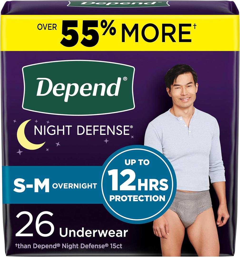 Depend Night Defense Adult Incontinence Underwear for Men, Disposable, Overnight, Small/Medium, Grey, 26 Count, Packaging May Vary