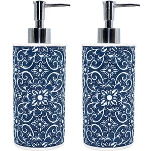 2-Piece Hand Soap Dispenser Sets - Elegant Handmade Floral Pattern Liquid Soap Dispensers for Bathroom Countertop or Kitchen, Blue