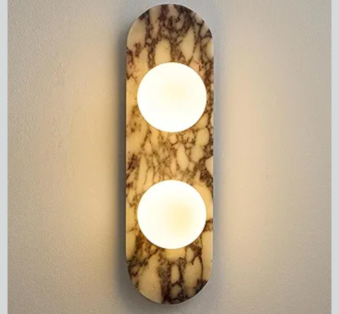 17.7 inch Natural Marble Wall Sconce, 2-Light Modern Alabaster Wall Lamp with Glass Shade, G9 Base Hardwired Stone Sconce Light for Bedroom, Living Room, Corridor, Bathroom, Entryway