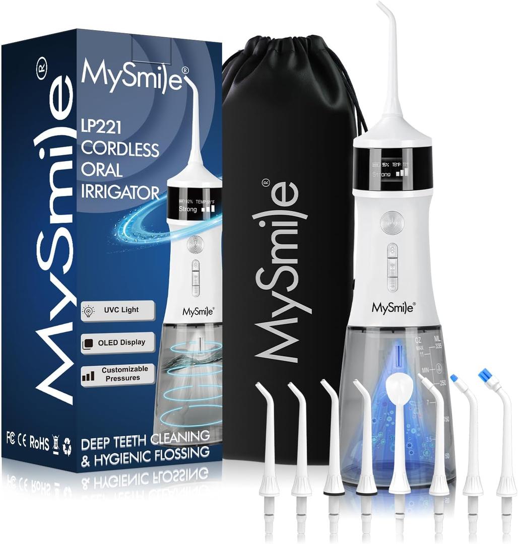 MySmile LP221 UVC Sterilizable Cordless Water Flossers for Teeth 335ML Portable OLED Display Dental Flosser with 4 Modes 8 Jet Tips and a Storage Pouch for Home and Travel (Pearl White)