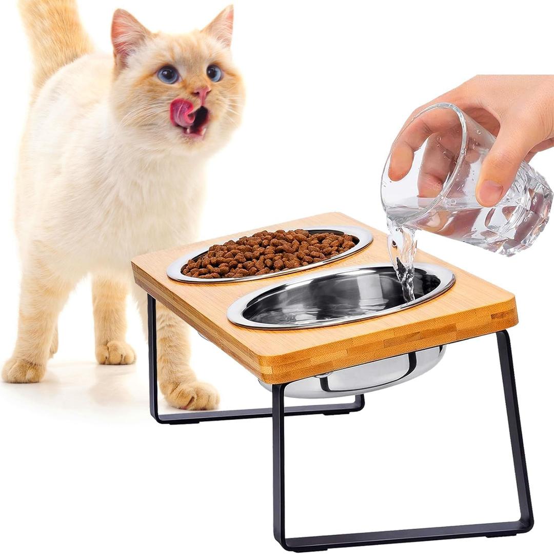 Elevated Cat Bowls, Raised Cat Bowl with 32 oz Stainless Steel Food Bowls Non-Slip Feeder for Cats and Puppy, 15 Tilted Raised Pet Dishes, Indoor Food Bowl with Bamboo Stand Anti Vomiting