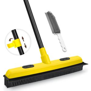 JEHONN Rubber Broom with Squeegee, Pet Hair Remover 52.8 inches Long Handle, Push Fur Removal Tool with Portable Detailing Lint Brush for Fluff Carpet, Window, Tile, Hardwood Floor Cleaning (Yellow)