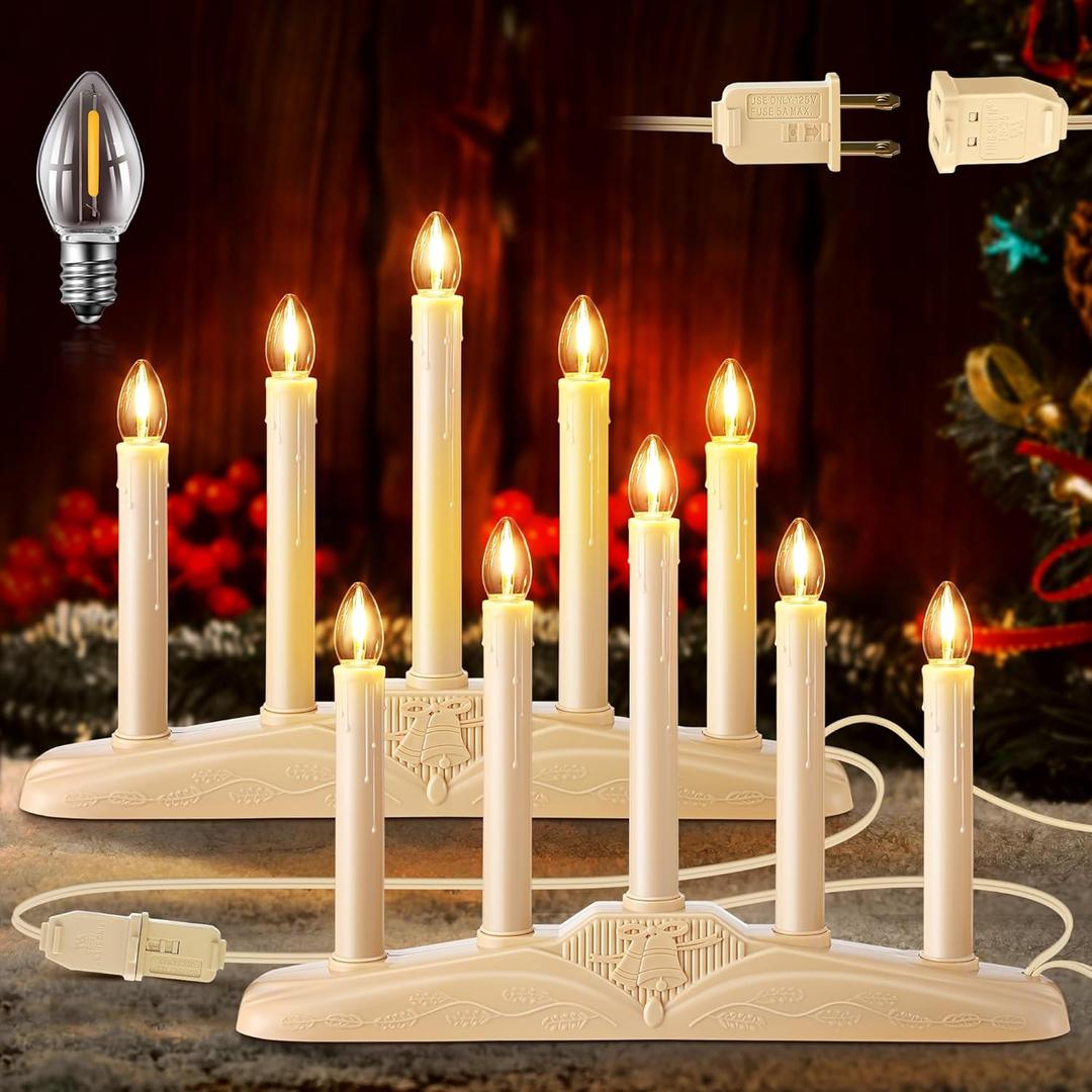 Meonum 2 Set 5 Light Electric Window Candles Plug in Christmas Candle Light with C7 LED Bulbs, Ivory Christmas Candelabra with Switch, Charge Connector,Spare Bulb for Holiday Party Home Window Decor