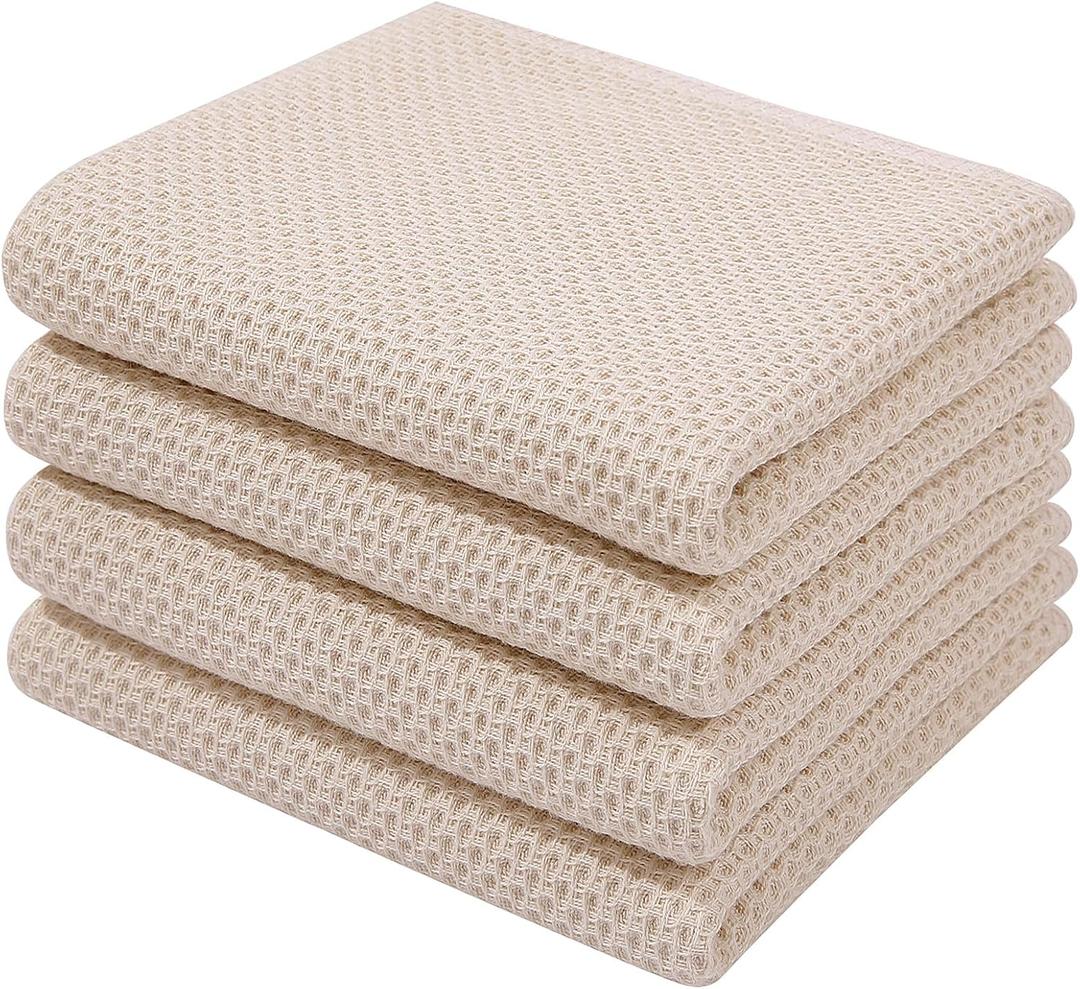 Homaxy 100% Cotton Waffle Weave Kitchen Dish Towels, Ultra Soft Absorbent Quick Drying Cleaning Towel, 13 x 28 Inches, 4-Pack, Beige, Small
