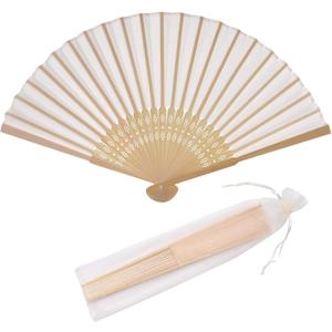 24pcs Imitated Silk Hand Fan Imitated Silk Fabric Bamboo Handheld Folded Fan Bridal Dancing Props Church Wedding Party Favors with Organza Bags (Cream)