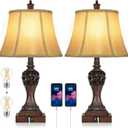 Set of 2 Touch Control 3-Way Dimmable Table Lamps with 2 USB Charging Ports Traditional Bedside Lamps with Bell Shape Faux Silk Shade & Brown Base for Bedroom Nightstand Living Room LED Bulbs Included