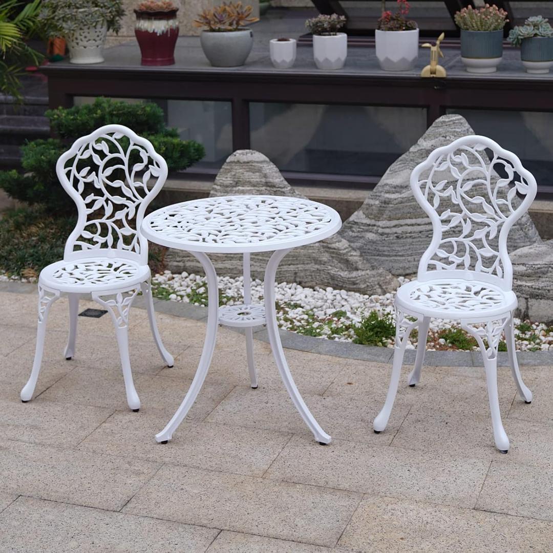 KAILI Patio Bistro Sets 3 Piece cast Aluminum Patio Furniture Outdoor Garden Metal Rust Proof Tables and Chairs White bistro Set (Leaf-White)