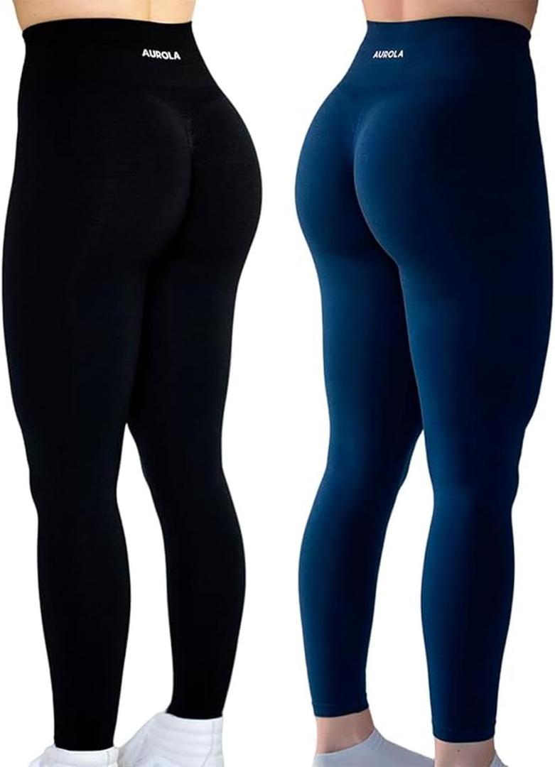 AUROLA Workout Leggings for Women Seamless Scrunch Tights Tummy Control Gym Fitness Girl Sport Active Yoga Pants (Large, Set (Black+tuxedo Blue))