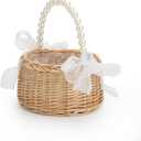 Elegant Wedding Flower Girl Basket with Pearl Handle and Ribbon Bow, Bowknot Satin Flower Basket for wedding, Rustic Handwoven Wicker Flower Basket, Versatile Picnic Baske t for Outdoor (2PCS)