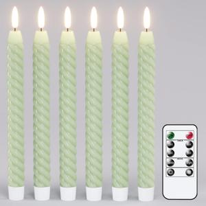 Flameless Taper Candles Green Pastel Flickering with Remote Timer, Battery Operated Warm 3D Wick LED Spiral Candles 6 Pack 9.8" Real Wax Wedding Home Birthday Spring Decor