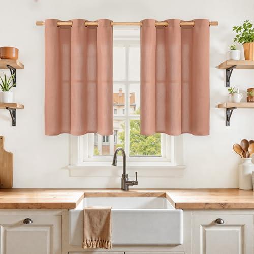 YoungsTex Terracotta Linen Kitchen Curtains 36 Inch Length with Grommet, Burunt Orange Short Drapes Light Filtering Fall Decorative for Cafe Bathroom Windows, 42 x 36 Inch, 2 Panels