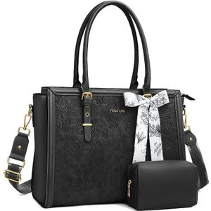 MOSISO Laptop Bag for Women, PU Leather Tote Bag, Front Embossed Retro Hibiscus Computer Bags with Silk Scarf&Clutch Purse (17.3 inch, Black)
