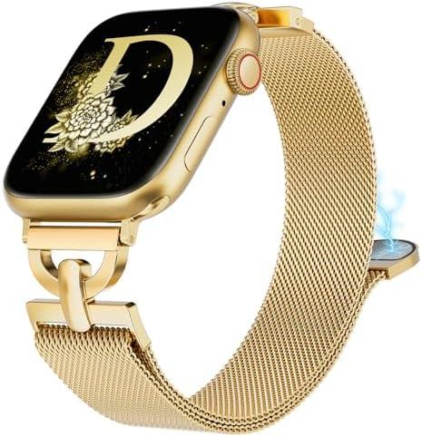 BEEXI Stainless Steel Magnetic Loop Compatible with Apple Watch Band 38mm 40mm 41mm 42mm Women Metal Mesh D-shaped Clasp Strap for iWatch SE Series 10/9/8/7/6/5/4/3/2/1/Ultra(1/2) Gold
