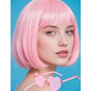 Light Pink Bob Wig with Heart Sunglasses - Heat-Resistant, Synthetic Fiber, Adjustable and Natural Looking