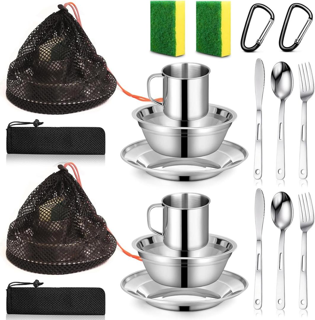 Scout Camping Mess Kit for Person 18/8 Stainless Steel Utensils Camping Dinnerware Kit Boy Scout Dishes Set Girl Scout Mess Kit with Mesh Bag Camping Cutlery Set for Travel Trip School Camp