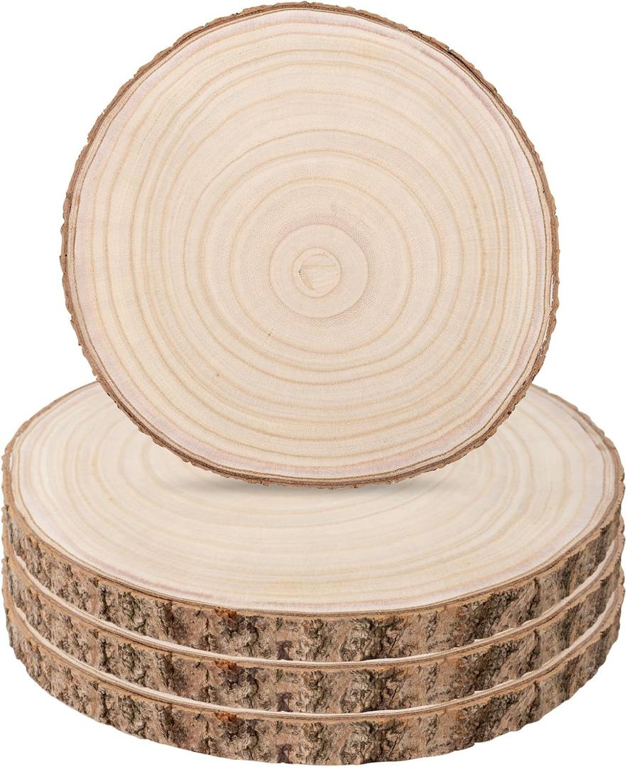 Unfinished Wood Slices 4 Pcs 10-12 inch Large Wooden Rounds Circles Natural Wood Disc Coaster Pieces Christmas Ornaments with Bark for Centerpieces DIY Painting Crafts Rustic Wedding