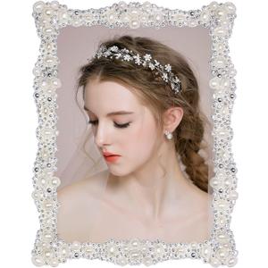 DIKAR 5x7 Picture Frame, Wedding Picture Frame for Metal Frame with HD Acylic Front, Tabletop and Wall Art Display Pearls Diamond Photo Frame for Wedding Valentine's Day Gifts