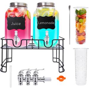 2PCS 1 Gallon Glass Drink Dispensers for Parties, Beverage Dispenser with Stand and Spigot, Used as Lemonade Dispenser Drink Pitcher Juice Containers Water Dispensers for Party, Picnic