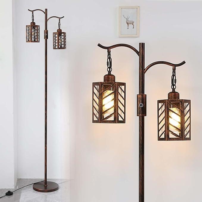 Industrial Vintage Dimmable Lamp, 2 Classical Lanterns Rustic Farmhouse Floor Lamp with Bronze Gold Finish, for Living Room Bedroom (Red Copper)