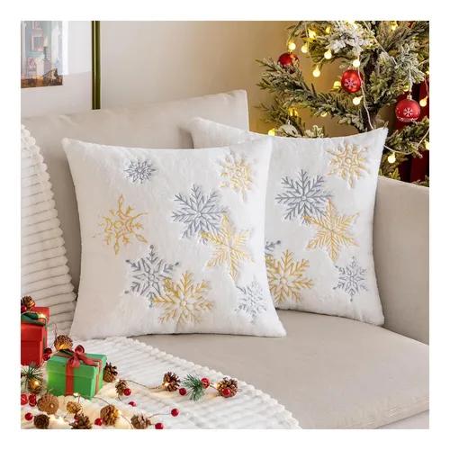 MIULEE Pack of 2 Christmas Decorative Throw Pillow Covers Soft Faux Fur Pillow Cases with Embroidery Snowflake Cute Pillowcases Holiday Decor for Couch Sofa Bedroom, 18 x 18 Inch, Yellow