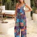 Himosyber Women's Patchwork Dual Pocket Jumpsuit Loose Floral Print Bohemian Wide Leg Bib Overall (L)