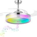 48 inch Modern Retractable Ceiling Fan with Lights and Remote Control, 6Speed Dimmable Fandelier, Smart Ceiling Fan Light with Bluetooth Speaker, RGB Color Reversible Bedroom Living Room, Chrome