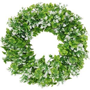 Small Mini St Patricks Day Wreath 16 Green Shamrock Clover Wreaths for Front Door with White Flowers, Small St. Patricks Day Spring Summer Door Decorations Indoor Outdoor